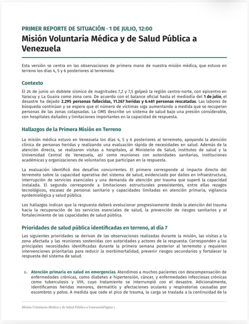 ZulmaCucunuba's tweet photo. Compartimos el primer reporte de situación de la Misión Voluntaria Médica y de Salud Pública a #Venezuela, tras el doble terremoto del 24 de junio.

Estuvimos en terreno los días 4, 5 y 6, en la zona cero, apoyando la atención de heridos y población afectada, y recorriendo hospitales, el Ministerio de Salud, institutos de salud y la Universidad Central de Venezuela.

El reporte reúne las prioridades de salud pública que identificamos en terreno y la planeación de la segunda misión. Las necesidades continúan y vamos a seguir apoyando.

@CamiloPrietoVal  @DrBarbuchas