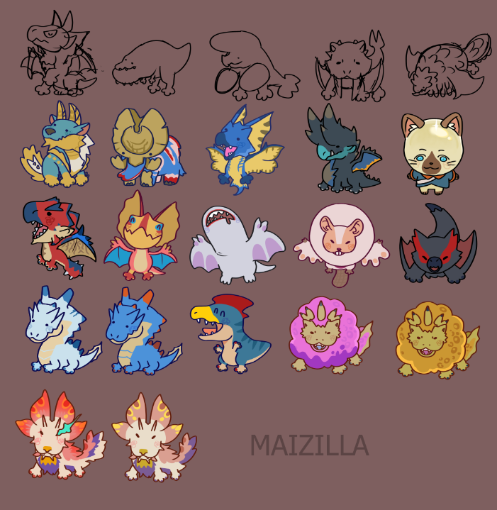 Maizilla's tweet photo. The monsties you can get in the scrunkly gacha plus some works in progress, what are some other ones you'd like to see? https://t.co/kUWh2JXtNO