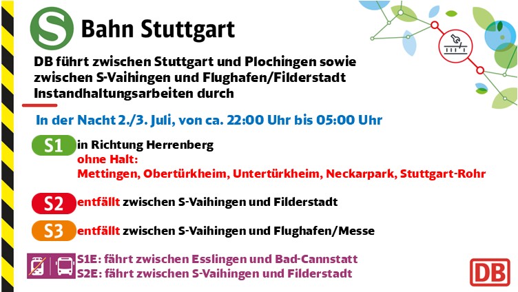SBahn_Stuttgart's tweet photo. 🚧#Drandenken🚧
Heute Nacht führt die DB zwischen #Stuttgart und #Plochingen sowie #Vaihingen und #FlughafenMesse/#Filderstadt Instandhaltungsarbeiten durch.
Einschränkungen bei #S1, #S2 & #S3
Details, auch zum #Ersatzverkehr mit Bussen #S1E & #S2E 👉 https://t.co/zJL6ogeMMI https://t.co/cL30tVV7y5