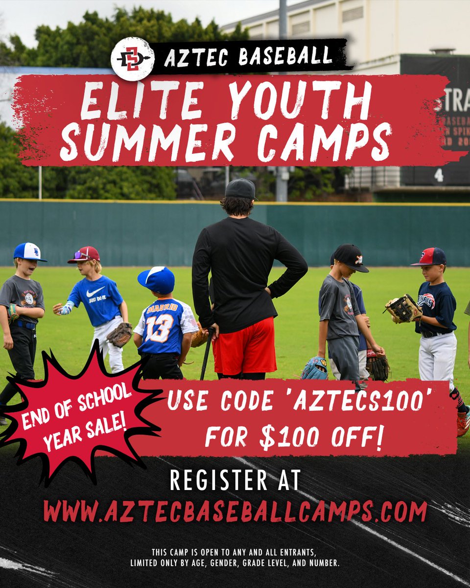 AztecBaseball's tweet photo. Looking for a week-long summer camp? ⚾️

Spend a week at Tony Gwynn Stadium with the SDSU Baseball coaching staff learning, competing, and having fun!

Use code AZTECS100 for $100 off registration.

Register: https://t.co/dQWfwaJkaP #GoAztecs https://t.co/EKZjTU1rKY