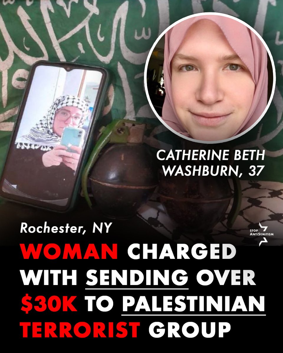 StopAntisemites's tweet photo. Catherine Beth Washburn of Rochester, NY has been arrested and charged with providing more than $30k in cryptocurrency to a member of Palestinian Islamic Jihad, a known terror organization on the OFAC list. 

Washburn has stated in the past "I wish every day were October 7th", she hates Jews "very much" and that she wished Israel "would disappear". 

This Jihadi Jane is facing 20 years in federal prison and a fine of up to $250,000.