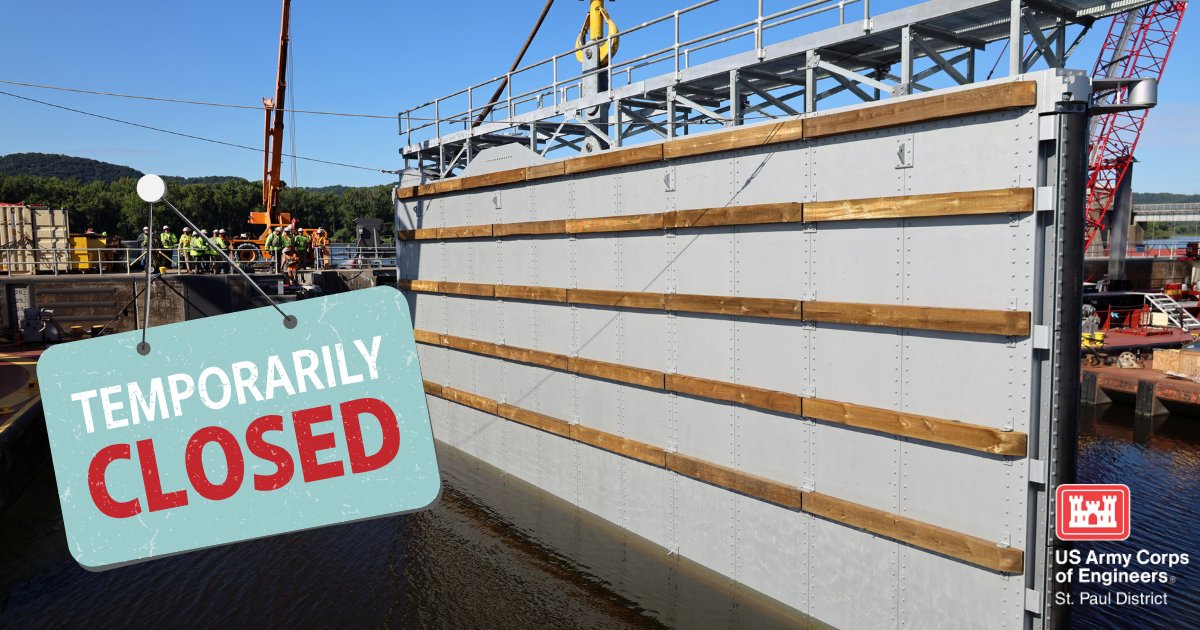 StPaulUSACE's tweet photo. NEWS! We are temporarily closing Lock and Dam 9, in #Lynxville, WI, July 14, 16, 21 and 23, to replace all four main lock chamber miter gates. The lock will be closed to all river traffic from 7 a.m.- 7 p.m.
News Release: https://t.co/9lQ5ILPKog
#BuildingStrong
#USACEMVD https://t.co/DlmUCB27Ug