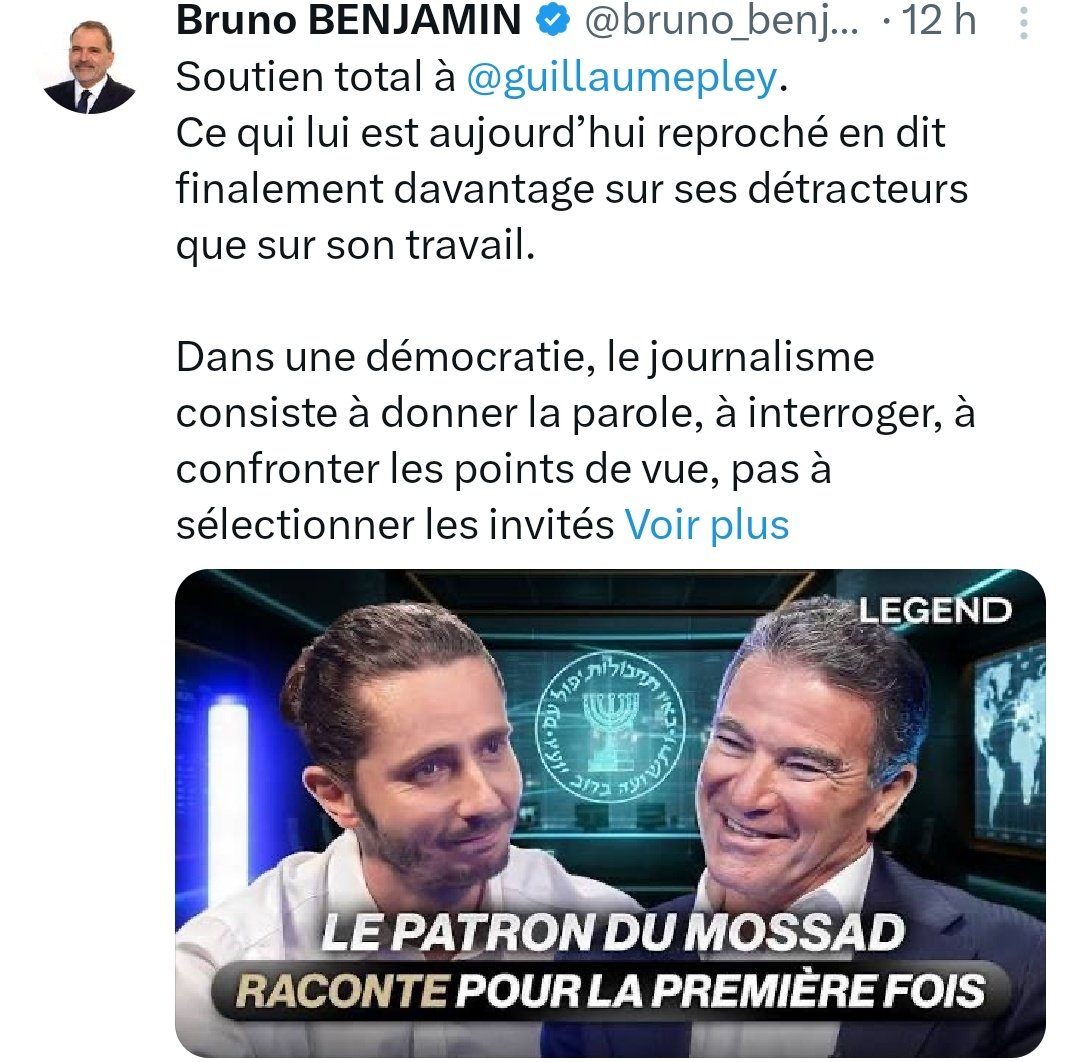 Panamza's tweet photo. Devinez qui soutient @guillaumepley  pour son abjecte interview complaisante du FRANCOPHONE Yossi Cohen, membre du MOSSAD de 1983 à 2021 &amp; co-architecte du terrorisme🇮🇱 sous faux drapeau islamiste, Y COMPRIS EN 🇫🇷 ?

La clique sioniste, bien sûr.
@Le_CRIF /@bruno_benjam1 inclus. https://t.co/ax31pWNaOG