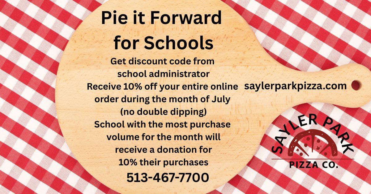 ElderHighSchool's tweet photo. 🍕 Support Elder High School by ordering pizza this July! 🍕

Throughout July (July 1–31), order online from Sayler Park Pizza Co. and use promo code ELDER10 at checkout to receive 10% OFF your entire order.

Even better, every online order using the code helps Elder compete in the Pie It Forward for Schools fundraiser. 

At the end of the month, the participating school with the highest total sales will receive 10% of its total sales back to support the school.

📅 July 1–31
💻 Online orders only: https://t.co/gJQ8Cu71S4 
🏷️ Promo Code: ELDER10
🍕 10% off your order (excludes items already on sale)

Enjoy great pizza while supporting Elder all month long. Every order counts!