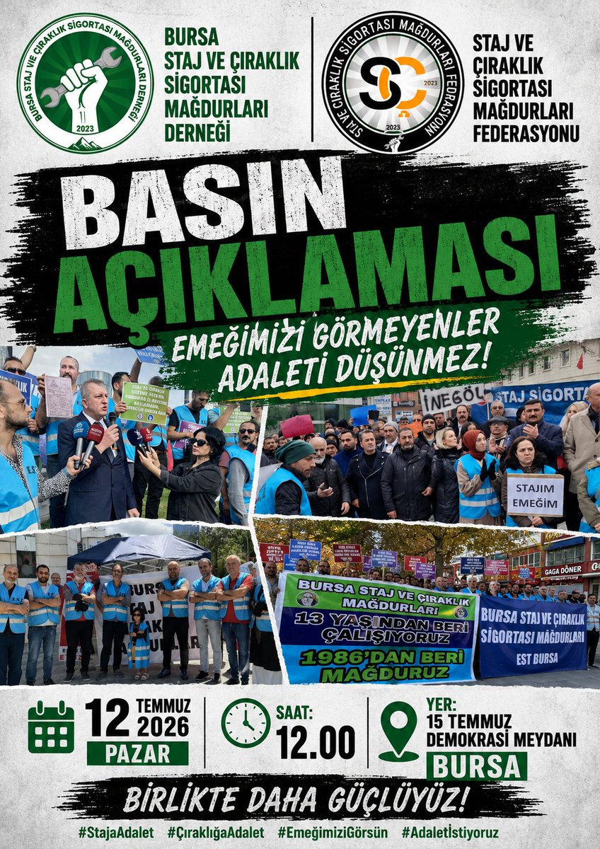 CirakStajFED's tweet photo. BÜYÜK BURSA  BULUŞMASI'NDA TEK YÜREK!🧡

@bursastajder
@anadoluajansi 
@ankahabera
@tbfederasyonu
@ihacomtr
@dhainternet
@tv100
@benguturktv
@cnnturk
@ankahabera
@szctelevizyonu
@HaberGlobal
@halktvcomtr
@nowhaber
@ekoltvv
@tvmeltem
@Haberturk
@startvhaber
@trthaber
@tgrthabertv
@ErcanSeki
@atvcomtr
@selcukktepeli
@eceuner12
@ezgigozeger
@merveyildirimtv
@gulbintosun
@ferhatmurat
@Nagehanalci
@tunaoztunc
@BelovacSerap
@tarkankalelitv
@KalecikGulden
@iremsansak
@cancoskun
@ezgigozeger
@sedakbay
@dmladogan
@ekremacikel
@GFeyman
@eceuner12
@gozdeseker
@ceyliincagatay
@ozngndgdu
@Selinsabit
@unluferhat
@simgefstk
@burakbirsen
@dogansenturk 
📍 12 Temmuz Bursa Basın Açıklamasına Doğru: Omuz Omuza, Tek Yürek!

Bursa Staj ve Çıraklık Sigortası Mağdurları Derneğimiz, 12 Temmuz’da gerçekleştireceğimiz büyük basın açıklaması öncesinde sahada eşsiz bir dayanışma sergileyerek hazırlıklarına hız kesmeden devam etmektedir.

Bugün açılan stantta yerini alan, yılların emeğini savunan tüm dava arkadaşlarımıza ve kıymetli dernek yönetimimize yürekten teşekkür ediyoruz. Meydanlardan yükselen bu güçlü birliktelik, adalete olan inancımızın en net göstergesidir.

Staj ve Çıraklık Sigortası Mağdurları Federasyonu olarak duruşumuz tavizsiz, rotamız bellidir:

İlk defa sigorta kartımızın elimize verildiği, sistemde ilk işe giriş olarak görünen o tarih, mutlak suretle uzun vadeli sigortamızın başlangıç tarihi olarak kabul edilmelidir.

Çıraklık ve stajyerlik dönemlerimizin doğrudan uzun vadeli sigorta başlangıcı sayılması, Anayasa’nın eşitlik ilkesi gereğidir.

📢 Kamuoyuna, Değerli Basın Mensuplarına, STK'lara ve  Siyasi Partilere Açık Çağrımızdır:

12 Temmuz’da Bursa’da gerçekleştireceğimiz büyük buluşmada sizleri de yanımızda görmek istiyoruz. Bu onurlu mücadelede sesimize ses, gücümüze güç katın! Bu mağduriyetin çözülmesi, yalnızca bizlerin değil; ülkemizin sanayisine, üretimine ve geleceğine verilecek en büyük destektir. Gelin; adaletin sağlanması adına meydanlarda hep birlikte, omuz omuza duralım.
Sonuç alıncaya kadar durmak yok, birlikte başaracağız! 🤝

Staj ve Çıraklık Sigortası Mağdurları Federasyonu 🇹🇷

3308 Değişsin
#StajyereCırağaAdalet