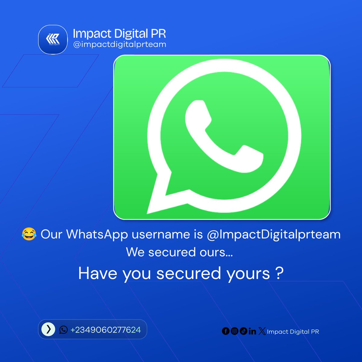 Impactdigitalpr's tweet photo. What's your WhatsApp username? Drop it in the comments.
let's connect before someone else claims it: https://t.co/OH7QVyVVnW
#Whatsappupdate #Whatsappusername #digitalmarketing #impactdigitalprteam https://t.co/BhiJgYbEBO