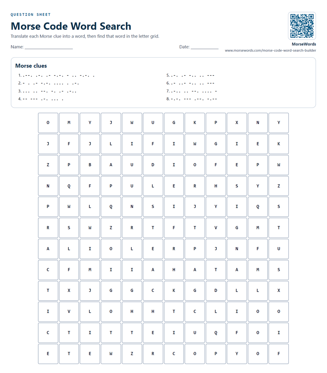 SuhasSunder's tweet photo. Printable &amp; Customizable Morse Code Word Search

A printable Morse code word search where students decode the clues first, then find the words in the grid. Simple, fun, and useful for Morse code practice.

https://t.co/4d4bSNKwDF https://t.co/yRRzKgOAFS