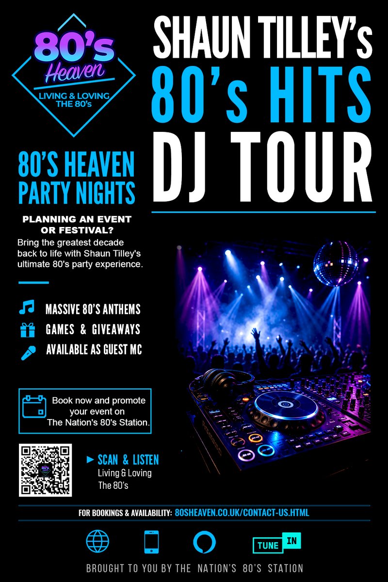 RobdeMink's tweet photo. SHAUN TILLEY'S 80'S HITS DJ TOUR IS COMING YOUR WAY!

The ultimate 80's party experience is taking bookings across the UK.

Festivals, holiday parks, corporate events, let's make unforgettable memories together! 💙

@Heaven80s @skiddle @ClassicPopMag

#80sHitsDJTour #FestivalUK https://t.co/kRIjk12udR