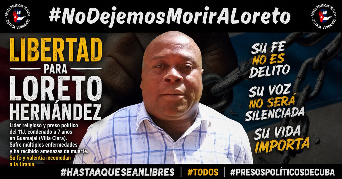 BettyFreeCuban's tweet photo. A casi cinco años de su injusto encarcelamiento, el preso de conciencia Loreto Hernández García enfrenta un alarmante deterioro de salud. 

@AmnistiaOnline denunció que sufre desmayos, crisis hipertensivas y complicaciones derivadas de enfermedades cardiovasculares y diabetes, mientras permanece en prisión.

La organización exigió atención médica urgente y especializada, y reiteró su llamado a la liberación inmediata de Loreto Hernández García, de Donaida Pérez Paseiro y de todos los presos de conciencia en Cuba.

#HastaQueSeanLibres #Todos #PresosPolíticosDeCuba @PresosCuba