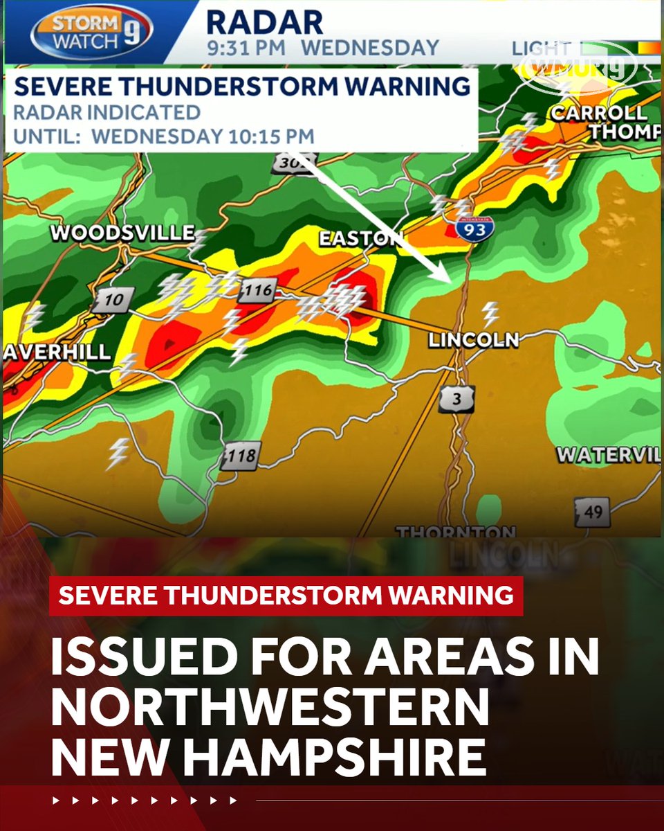 WMUR9's tweet photo. A severe thunderstorm warning has been issued for northwestern parts of the state. Watch the full forecast. https://t.co/L8rvCDLnXN https://t.co/4et8d0fs16