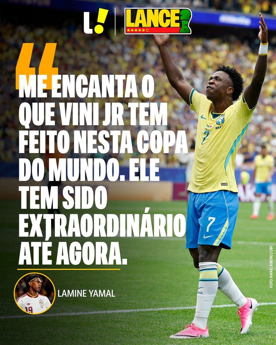 lancenet's tweet photo. ELOGIOU O BRASILEIRO! 👏🇧🇷

Um dos possíveis craques da Copa do Mundo, Lamine Yamal exaltou as atuações que Vini Jr. vem fazendo com a camisa da Seleção Brasileira. Vale lembrar que os dois são rivais no futebol espanhol, mas o jogador do Barcelona não escondeu a admiração pelo atacante do Real Madrid. 🔝⚽

Será que veremos um duelo entre eles neste Mundial?

#Redes7 #LanceInforma #LanceCopa