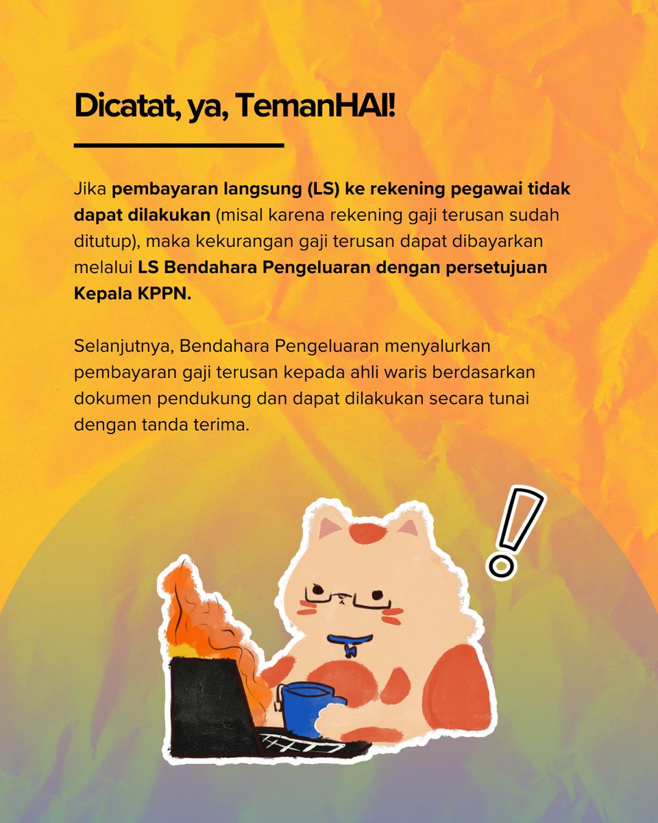 haiDJPb's tweet photo. TemanHAI, terdapat ketentuan yang mengatur mekanisme pembayaran gaji terusan apabila pembayaran melalui rekening pegawai tidak dapat dilakukan.

Simak penjelasan lengkapnya pada konten berikut agar mendapatkan informasi yang tepat. 👆 https://t.co/r6kDnW2wqR