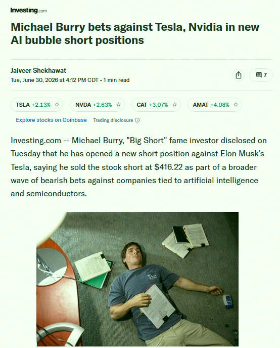 cc2032633's tweet photo. Breaking 🚨: Michael Burry just took a short position on Tesla $TSLA at $416.22 https://t.co/Rg2TBo1OX7