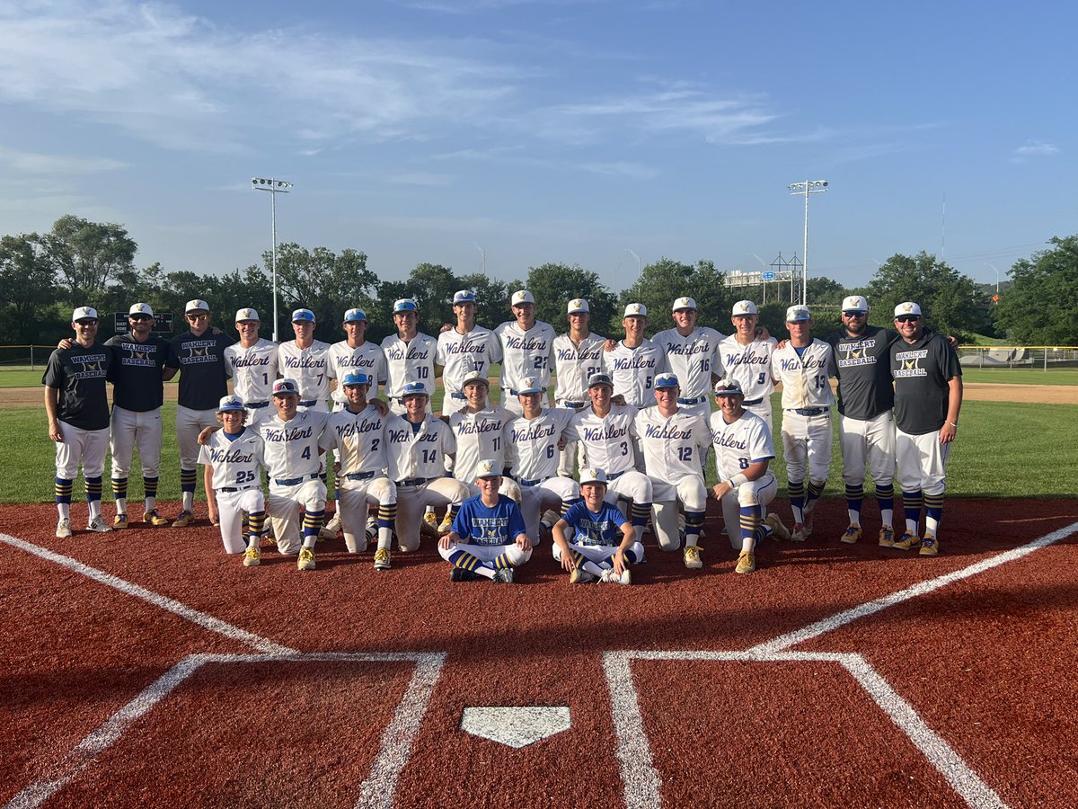 WahlertBaseball's tweet photo. CONFERENCE CHAMPS!!! We defeat Waterloo West 7-0 to win the conference! This is the 3rd year in a row we are conference champs! Flanagan delivers a 2 hitter with 9 strikeouts to clinch it!  Elbert with a big RBI 3B to get the lead! Great team win! CONFERENCE CHAMPS!!! https://t.co/R6rafBAH6N