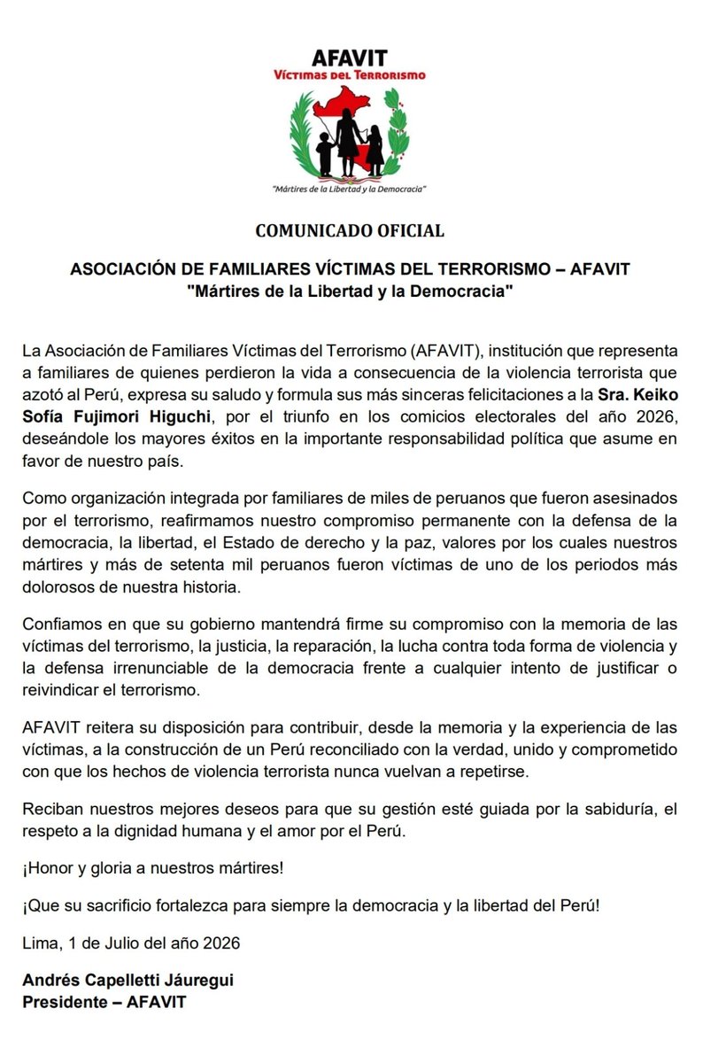 ANDRESCAPELLETT's tweet photo. En mi calidad de Presidente de la Asociación  de Familiares Víctimas del Terrorismo Afavit - PERÚ y en representación de sus miles de asociados, hacemos extensiva nuestra  felicitaciones a la Sra. @KeikoFujimori
#Democracia #TerrorismoNuncaMás https://t.co/l9azZSIa4w