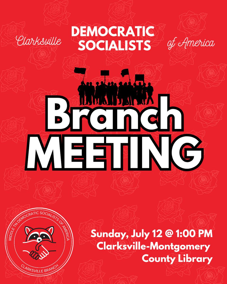 ClarksvilleDSA's tweet photo. Welcome to July! Our next general meeting will be Sunday, July 12 at 1pm at the Clarksville-Montgomery County Public Library study room.

#DemocraticSocialists #clarksvilletn https://t.co/VtMCnH6qfB