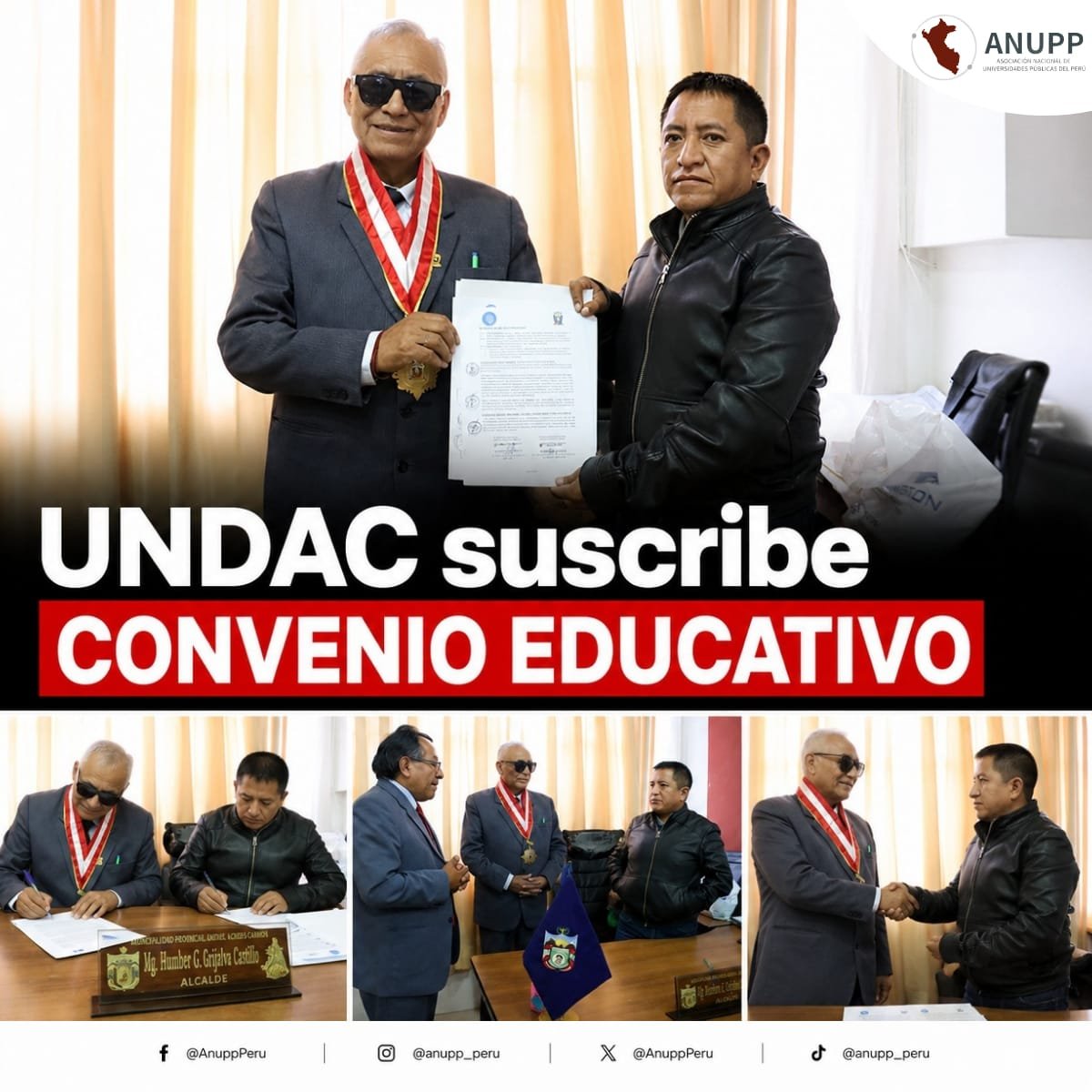 AnuppPeru's tweet photo. 📢 #ANUPPInforma | UNDAC suscribe convenio para fortalecer acceso a la educación

🔷 La Universidad Nacional Daniel Alcides Carrión (Undac) suscribió un convenio interinstitucional con la Municipalidad Provincial de Daniel Alcides Carrión para fortalecer el acceso y la permanencia de los estudiantes en la educación superior.

🔷 El convenio fue firmado por el destacado rector, Dr. Ángel Claudio Nuñez Meza, y el alcalde provincial, Mag. Humber Grijalva Castillo. La alianza permitirá implementar un servicio de transporte para estudiantes de Yanahuanca hacia la sede central de Cerro de Pasco, facilitando su formación académica.

📍 Desde ANUPP, resaltamos las iniciativas que promueven la igualdad de oportunidades y reducen las barreras de acceso a la educación superior pública.

#ANUPP #Undac #EducaciónSuperior #AccesoALaEducación #Convenios #BienestarEstudiantil