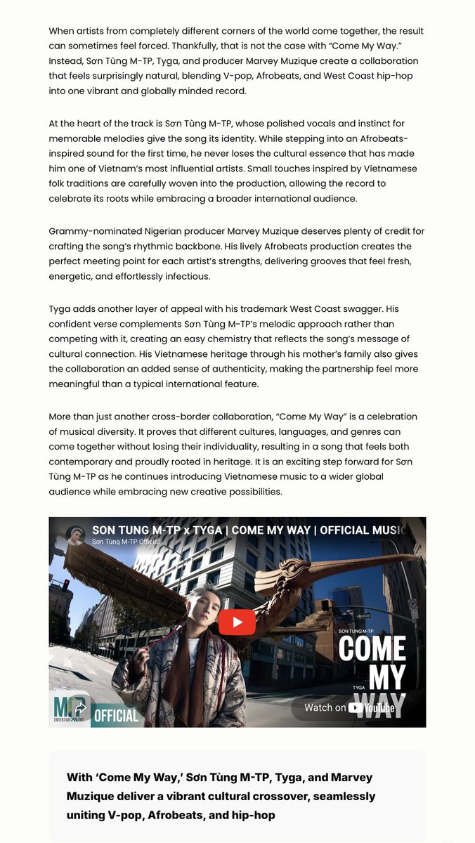 MTPGlobalUnion's tweet photo. 📣 Rotate Magazine (@RotateMag) published an article titled: 
Sơn Tùng M-TP, Tyga, and Marvey Muzique Unite Cultures on “Come My Way”
🔗https://t.co/Au6LP18t3x

Thank Rotate magazine for sharing the music and the story behind #CMW!
@sontungmtp777 #SonTungMTP
@Tyga @marveymuzique https://t.co/rYJDAT0Obb