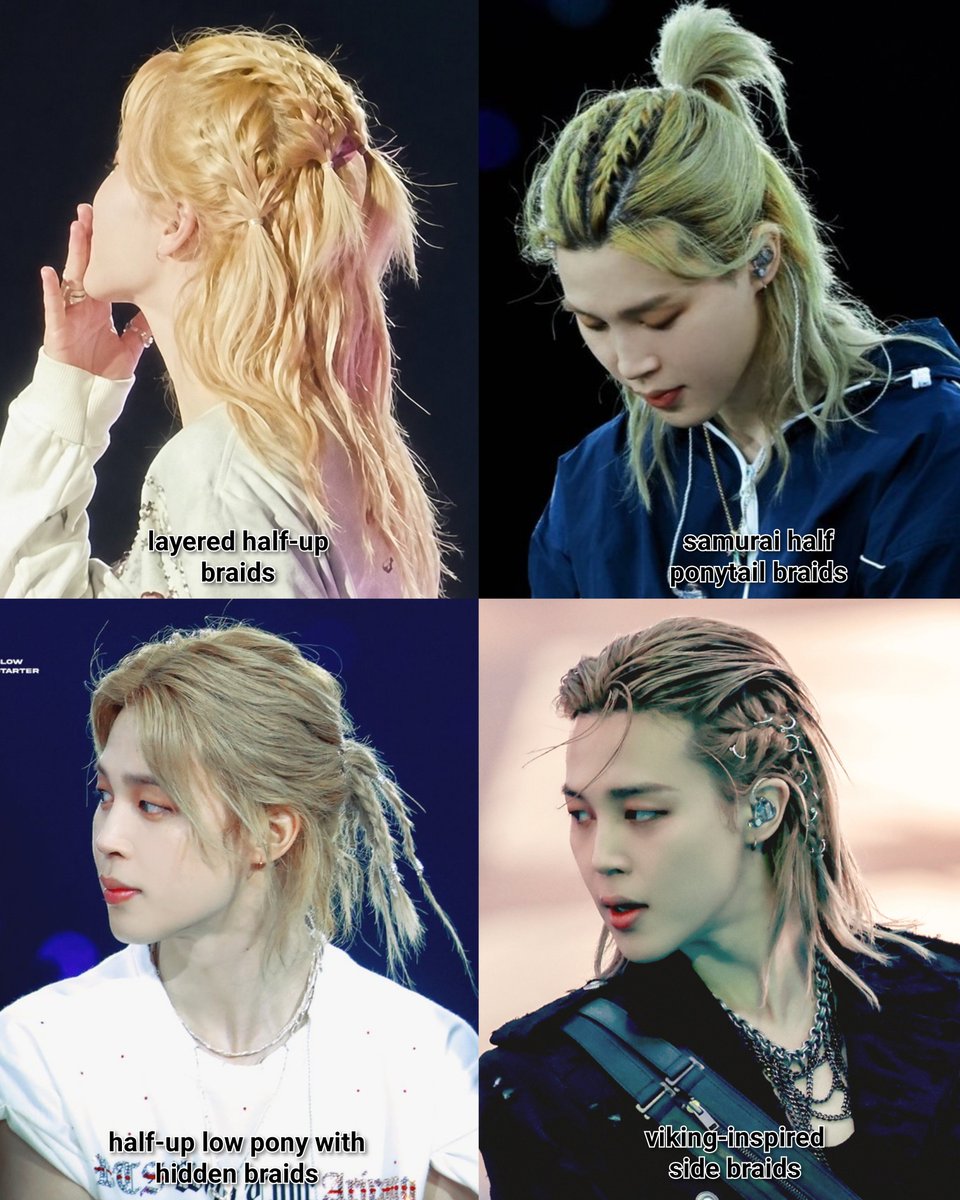 jmnmusee's tweet photo. the holy trinity? no. just jimin's top 4 braided hairstyles. https://t.co/gyVjhLJOXi