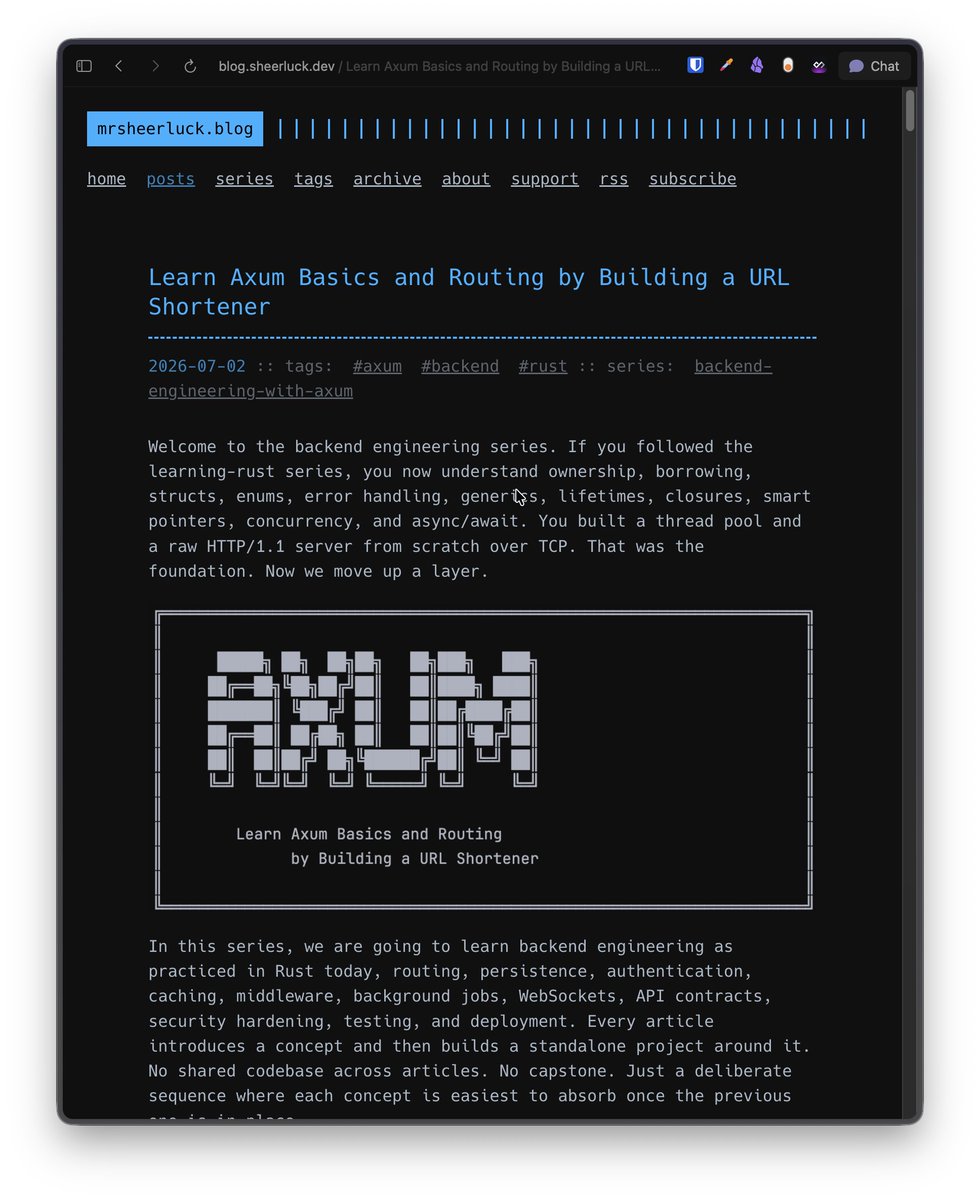 sheerluck_io's tweet photo. Published first article in learning backend engineering in Rust series. 

In this, we will learn basics of Axum and routing by building a URL shortener in Rust.

This is the beginning of our backend series in Axum and the projects will be more and more interesting as we go through the articles