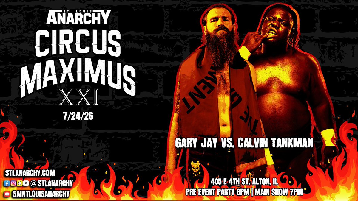 stlanarchy's tweet photo. Heavyweight Hustle @CalvinTankman is stepping up to the plate many have stepped to before, but not nearly as many have landed a pop fly on The Head Cat in his chapel, amongst his flock. A monster in his own right, looks to get a notch off Gary Jay. 

@StiffRoboGinger comes off a tough loss in May, but with the current longest standing record in Anarchy, it’s another day at the office. The True Day One, bringing violence on a global scale. Alton will be a crater when these two are done. 

They will meet in combat at “The Grand Daddy of em’ All” #CMXXI on July 24th 👊

https://t.co/cL1Q16K1yd for the goods 🎟️