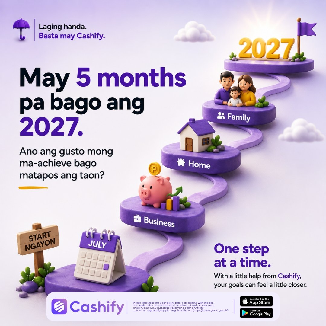 cashifyph's tweet photo. May 5 months pa bago ang 2027. 👀

Ano ang gusto mong ma-achieve bago matapos ang 

Anuman ang goal mo, lahat nagsisimula sa isang hakbang.

Laging handa. Basta may Cashify.

#LagingHanda #CashifyPH #GoalSetting #AdultingPH https://t.co/9YUcRVDSCK