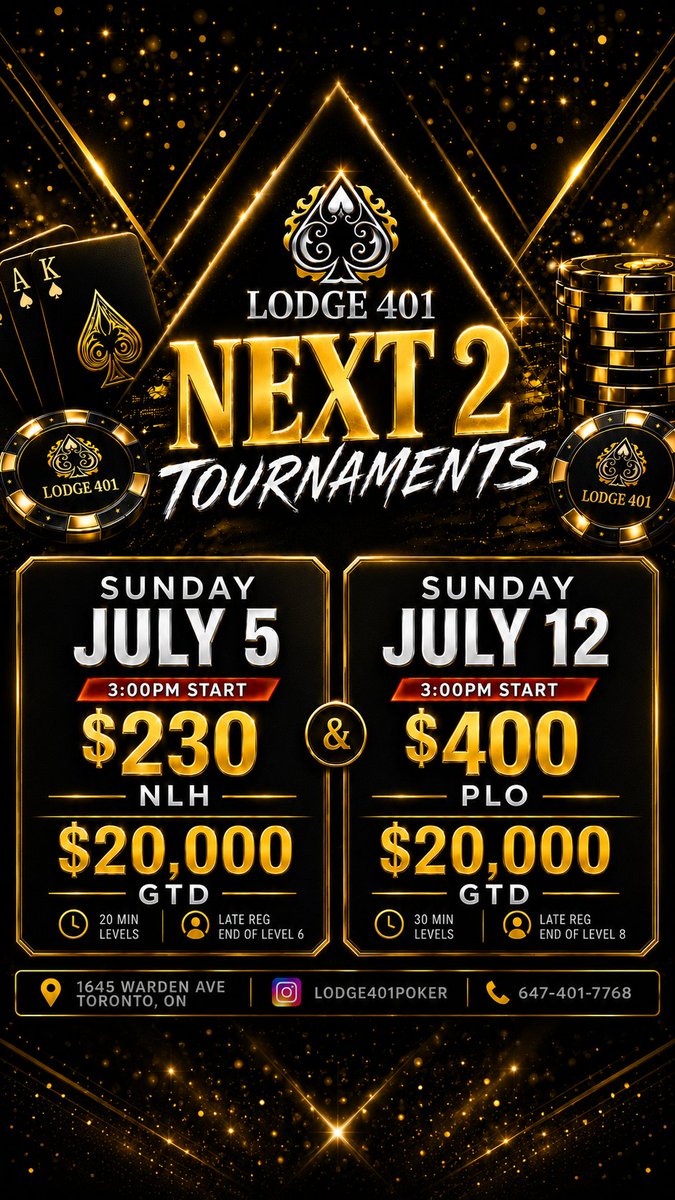 Lodge401Poker's tweet photo. 🏆 Tournaments the next 2 Sundays at Lodge401
♦️ $230 NLH and $400 PLO
♠️ Both with voluntary $20 add-on for additional 10k chips
💰 Both with $20k GTD prize pool!
✨ Registration is open 
📄 Structure sheets ⤵️ https://t.co/jrfYDG4kRp