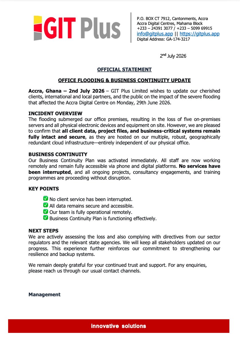 gitplusltd's tweet photo. Official Statement on the Accra Flood! We are operating fully. No system or services are interrupted https://t.co/jKuJcgz0Ci