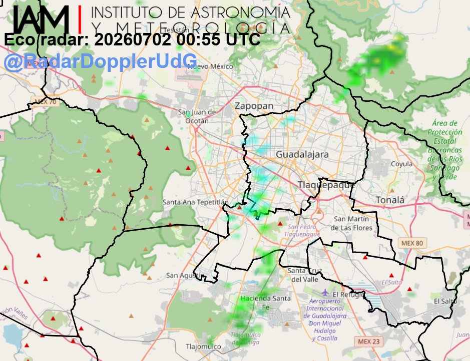 RadarDopplerUdG's tweet photo. Se registra #lluvia ligera dispersa en #Tlajomulco zona Hacienda Santa Fe y Lomas del Sur, nuevamente ingresa por la Barranca de Huentitán a #Guadalajara se desplaza hacia el suroeste↙️ https://t.co/PhELEG3BEd
