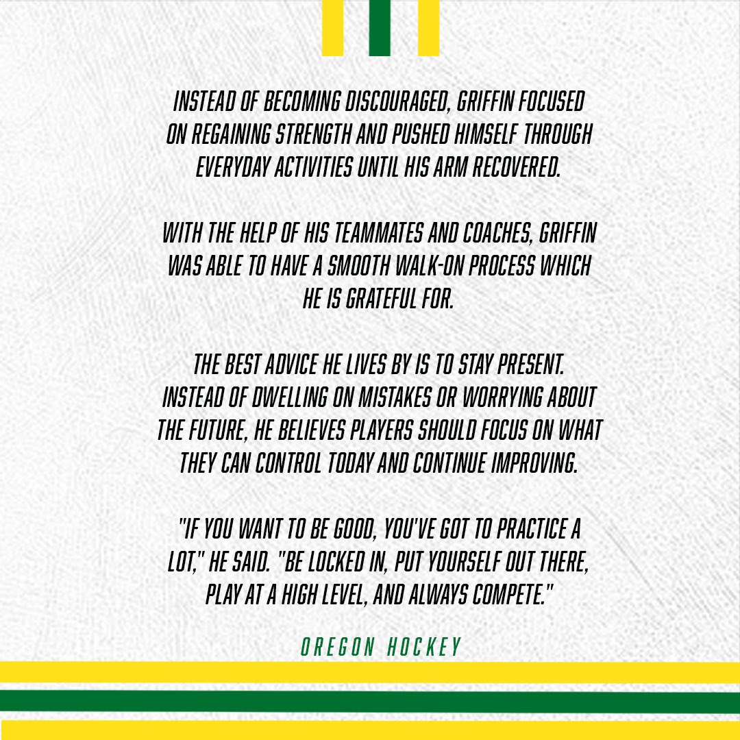 UOHockey's tweet photo. From Setback to Success: Griffin’s Second Chance with the Ducks 🦆

#GoDucks #OregonHockey https://t.co/B5q5NkSHf6