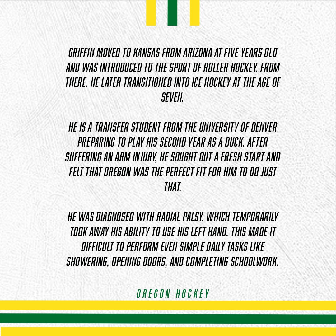 UOHockey's tweet photo. From Setback to Success: Griffin’s Second Chance with the Ducks 🦆

#GoDucks #OregonHockey https://t.co/B5q5NkSHf6