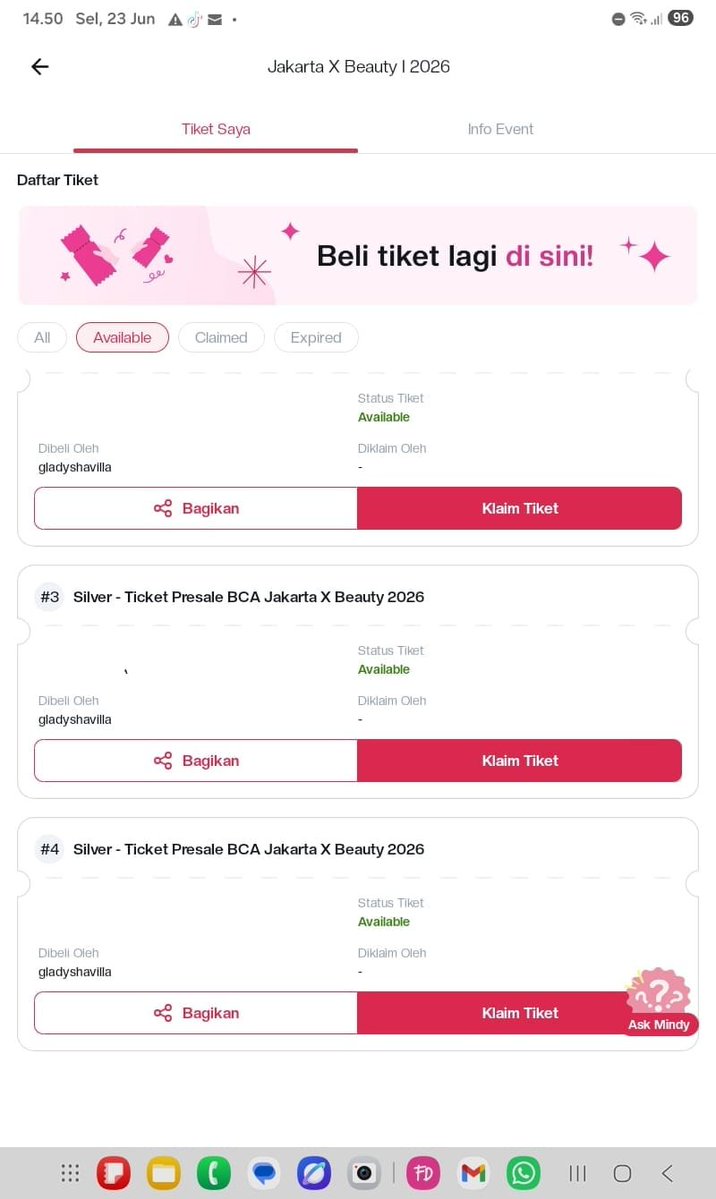 arkiransal's tweet photo. Hi berhubung banyak sekali event di tanggal yg sama. aku mau jual tiket JXB 2026 nih, jual rugi aja 1 nya 10k. Aku cuman mau pakai 1 tiket aja. Ambil semua 25k 

#jxb #jakartaxbeauty #femaledaily #zonauang #zonajajan https://t.co/WUbWGC3FT7