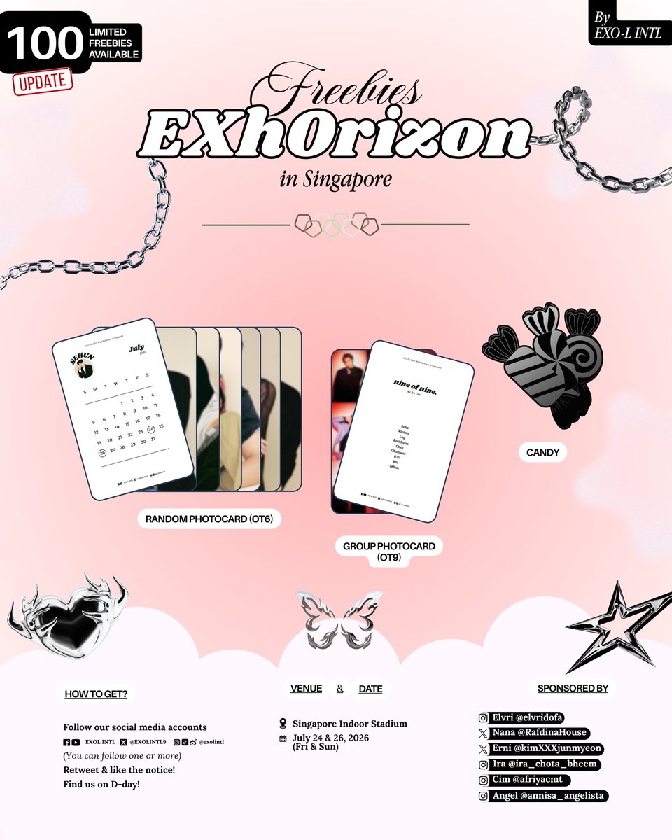 EXOLINTL9's tweet photo. [UPDATED]

Hello EXO-L

EXO-L INTL will be giving out limited freebies to support #EXO at the “𝐄𝐗𝐎 𝐏𝐋𝐀𝐍𝐄𝐓 #𝟔 𝐄𝐗𝐡𝐎𝐫𝐢𝐳𝐨𝐧” concert in Singapore 🇸🇬

Come and meet our team there to get freebies!

#EXhOrizon_in_SG #EXhOrizon_in_SINGAPORE #EXhOrizon #엑소 @weareoneEXO @DOHKYUNGSOO_X