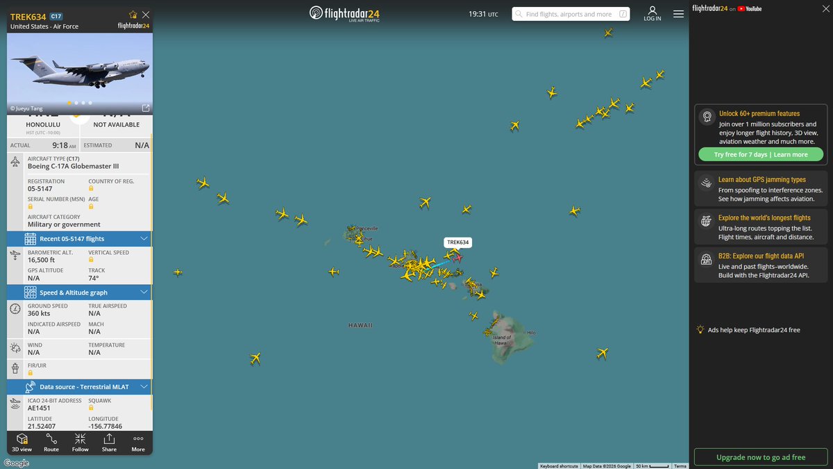 AIYeyENGDdJkjTr's tweet photo. July 2, 2026
#Fairfield Travis Air Force Base #Fort Bliss, Texas #Joint Base Pearl Harbor-Hickam, Honolulu #Cebu, Philippines #Tokyo Yokota Air Base #Anchorage #Fort Bliss, Texas #Joint Base Pearl Harbor-Hickam, Honolulu #RAAF Base Richmond #Guam Andersen Air Force Base #Joint Base Pearl Harbor-Hickam, Honolulu ==> #Eielson Air Force Base
#TREK634 #AE1451 USAF C-17A Globemaster III