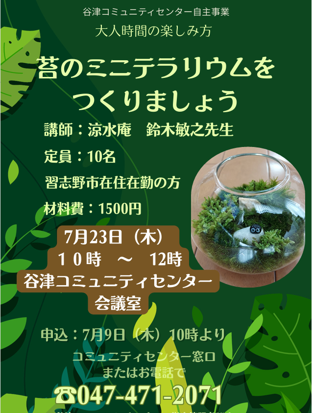 yatsucc's tweet photo. 🌱「苔のミニテラリウム」の受付が始まります🌱
　今年も大人時間の楽しみ「苔のミニテラリウムをつくりましょう」の受付が７月９日（木）始まります！！

この講座は毎回、大変人気が高く、比較的早くに定員に達してしまうため早目の申込をお勧めします！！ https://t.co/cE4wWMB2NZ