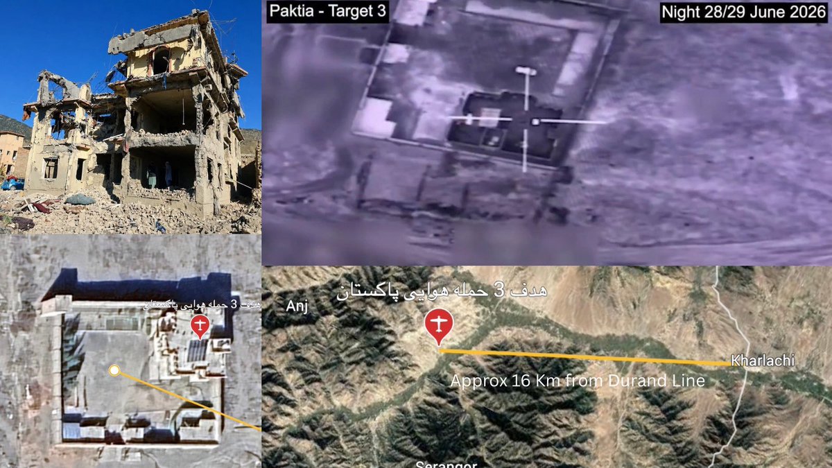 IbrahimkhailP's tweet photo. Analysis of Pakistani Airstrike on Chamkani District, Paktia Province:

On the night of 28–29 June 2026, the Pakistan Air Force conducted airstrikes on parts of Chamkani District, Paktia Province, Afghanistan. According to publicly available information, Pakistan stated that the strikes targeted locations associated with armed militant groups, while Taliban authorities and local sources reported civilian casualties and damage.

From an imagery analysis perspective, the four images presented provide a relatively complete sequence of the strike:

The upper-right image shows Pakistan’s aerial targeting footage, with the targeting reticle precisely fixed on a building located within a walled compound. This indicates that the strike was directed at a specific, identified structure.
The lower-left image, derived through satellite imagery analysis and geolocation based on Pakistan’s released targeting footage, shows the same building prior to the strike. The location of the impact corresponds closely with the targeting imagery, confirming the identification of the target.
The upper-left image depicts the building after the strike. The severe structural collapse and destruction of multiple sections of the building indicate that a significant explosive force was delivered to the target.
The lower-right image illustrates the geographic location of the target, measured at approximately 16 kilometres from the Durand Line. This distance indicates that the strike was conducted well beyond the immediate border area, representing an operation into the interior of Afghan territory rather than a strike confined to the frontier.

Based solely on the observed damage, it is not possible to determine the type of munition with certainty. However, if the destruction pattern is consistent with the released strike footage and the observed blast effects, the possible use of an Enhanced Blast Weapon (EBW) or a thermobaric munition may be considered. Such munitions are designed to generate powerful blast waves, particularly effective against enclosed structures and buildings. Nevertheless, this assessment remains preliminary. Confirmation would require additional evidence, including munition fragments, crater analysis, higher-resolution imagery, or official technical information.