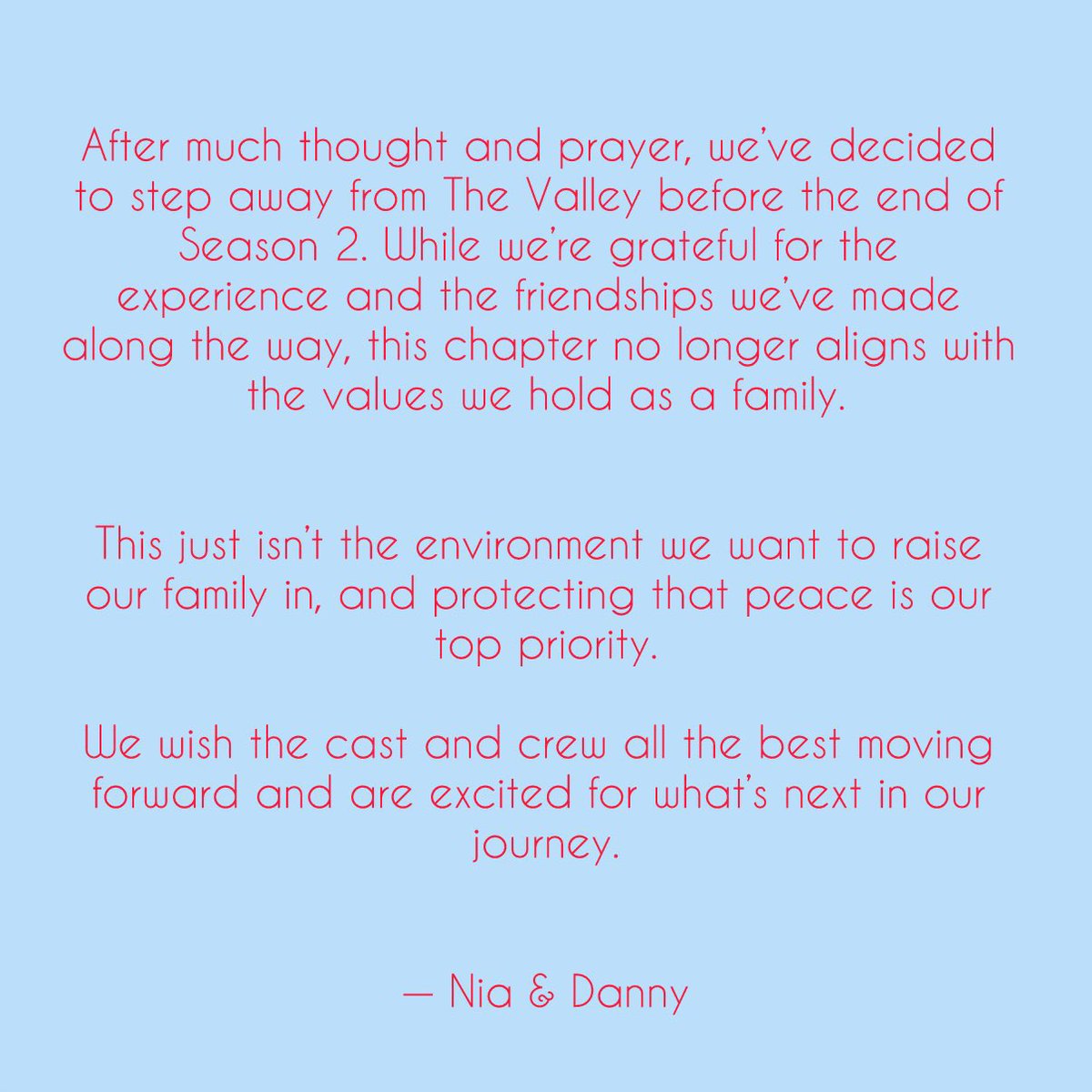 Bravfaux's tweet photo. Nia Sanchez and Danny Booko Announce Their Departure from The Valley: “This chapter no longer aligns with the values we hold as a family.” #TheValley https://t.co/R8WrC5rp4I