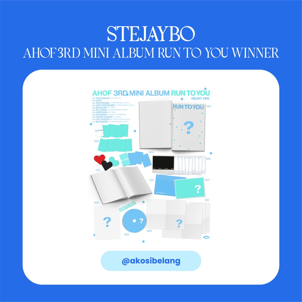 xiuxiugyu's tweet photo. Congratulations to @akosibelang and @RubieRandoMess for winning the AHOF 3rd Mini Album Run To You giveaway!

Please be advised that I will send you updates via email on how to claim your album. Thank you once again for supporting this fanmade project! 💙✨

#STEJAYBO #STEJAY https://t.co/98848jaEZR