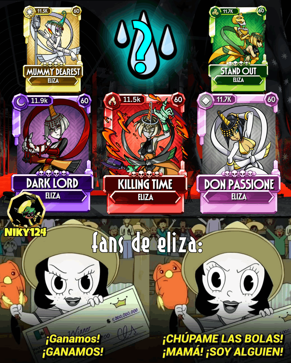 niky124_SGM's tweet photo. DESPUES DE MUCHOS AÑOS EN EL OLVIDO:

Eliza ya tiene su coleccion llena de diamantes 
(antes eran solo 2 XDXDXD)
ya solo faltaria una eliza de elemento AGUA para que su coleccion de elementos en diamante este COMPLETADO!!

felicidades a los fans de eliza 🥳🥳
#skullgirlsmobile https://t.co/KtYD6EnlBX