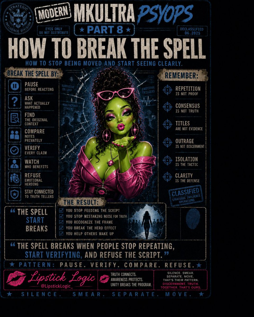 LipstickLogic_'s tweet photo. Modern MKUltra psyops break when people stop reacting on cue. Pause. Verify. Find the original context. Compare notes. Refuse emotional herding. Repetition is not proof, consensus is not truth, and clarity is the defense.

Part 8. https://t.co/zJ1hi3drAp