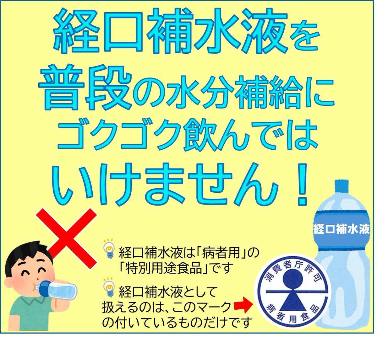 GunmaPref_Shoku's tweet photo. #経口補水液 は、普段の水分補給に飲むものではありません ⚠️
脱水症のときに用いる、病者用の特別用途食品です。
電解質の濃度がスポーツドリンクの3～4倍あるので、飲み方を誤ると健康に大きな問題を引きおこす場合もあります。
#熱中症 の予防になら、適度に冷えた麦茶やスポーツ飲料等にしましょう https://t.co/ghOLS5WMMl