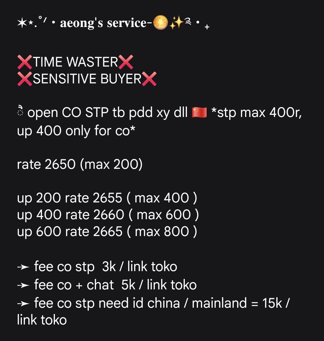 aeongs_'s tweet photo. ✶⋆.˚ᐟ‧𝐚𝐞𝐨𝐧𝐠'𝐬 𝐬𝐞𝐫𝐯𝐢𝐜𝐞-🌕✨༉‧₊

2/7 

CO STP ONLY ✅ no wh❌️ wh sendiri✅️ 

⛔️tidak open tf alipay wepay ⛔️ https://t.co/wZgxt9k3Mt