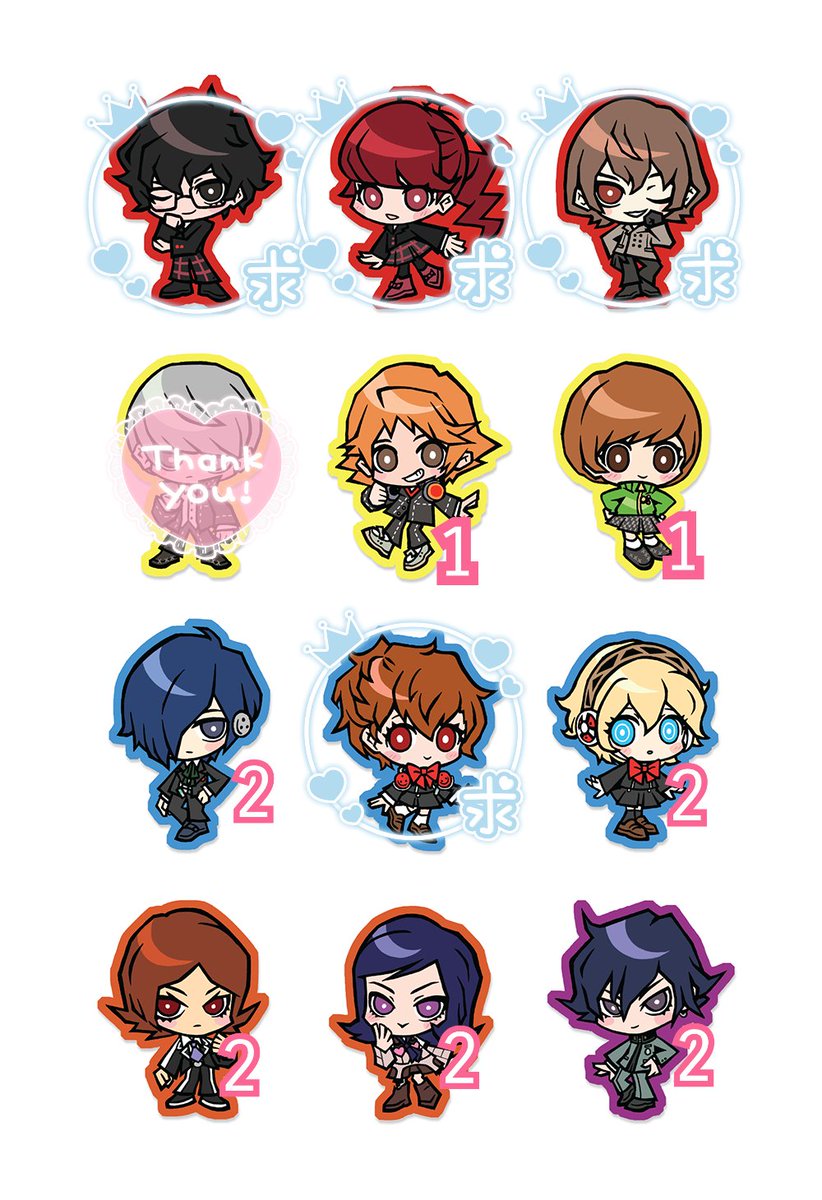 nanakusa_trade's tweet photo. 【交換・譲渡】PERSONA 30th Anniversary x OMOCAT Sticker Set P30th ペルソナ ステッカーセット
譲）陽介 1, 千枝 1, ☆P3M 2, アイギス 2, 達哉 2, 舞耶 2, ☆ピアスの少年 2
求）☆P5主人公、かすみ、☆明智、P3PW、1枚200円（+送料）
☆は☆同士の交換もしくは譲渡優先。
郵送のみ。
検索からでもお気軽にお声掛けください。