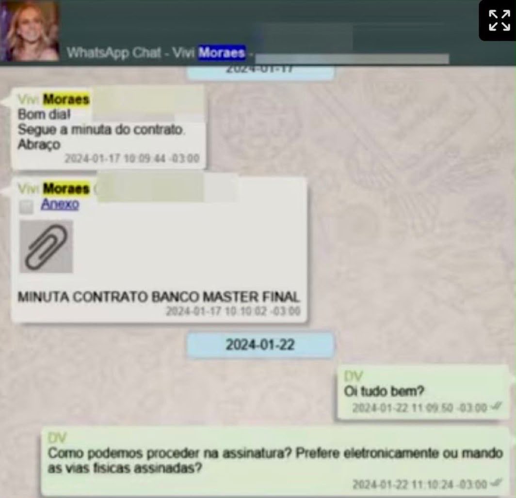 lucaspavanato's tweet photo. Viviane Barci de Moraes, mulher de Alexandre de Moraes, enviou seu contrato de R$ 129 milhões diretamente para Daniel Vorcaro no WhatsApp. 

Em nenhum país do mundo que se leve a sério, a esposa de um ministro da Suprema Corte teria um contrato milionário para defender um corrupto que seria julgado pelo seu próprio marido. 

Mais um dia normal no país do absurdo…