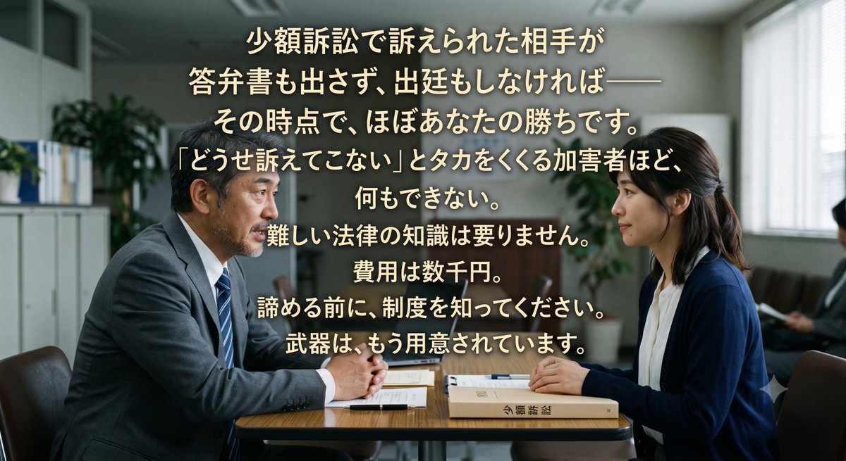 Shiroutohoute's tweet photo. 少額訴訟で訴えられた相手が
答弁書も出さず、出廷もしなければ——
その時点で、ほぼあなたの勝ちです。
「どうせ訴えてこない」とタカをくくる加害者ほど、
何もできない。
難しい法律の知識は要りません。
費用は数千円。

諦める前に、制度を知ってください。
武器は、もう用意されています。 https://t.co/a5WY5Q4GHp
