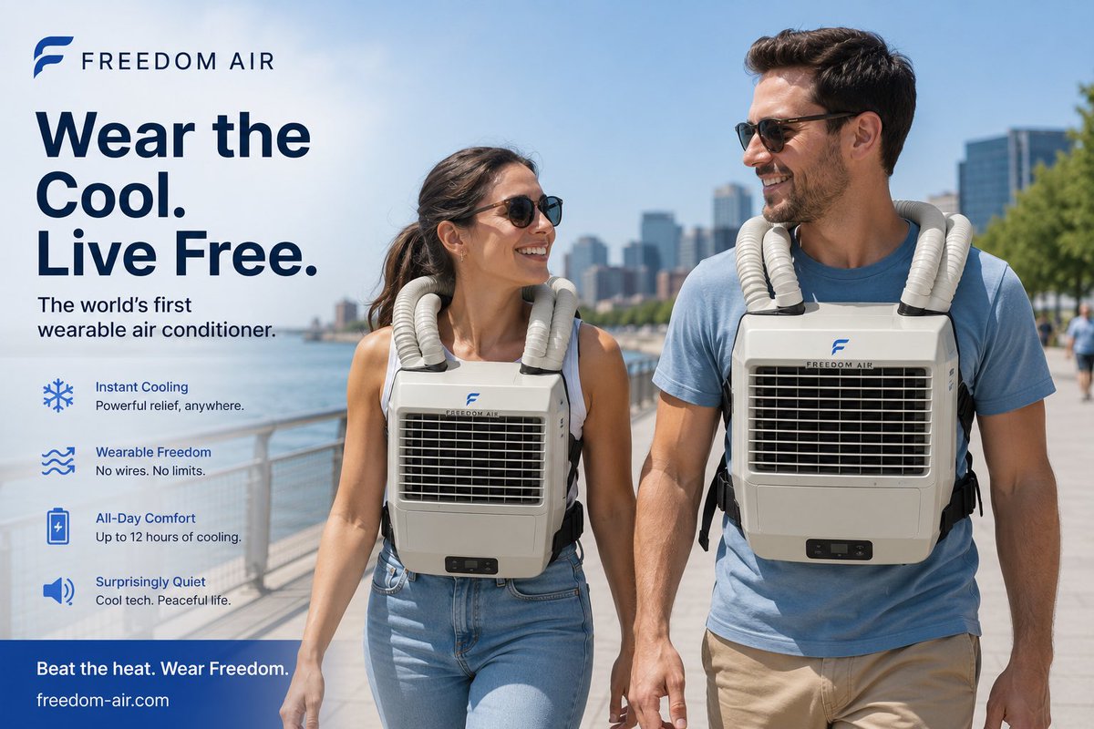 CodeBrain5's tweet photo. 🚨 Introducing Freedom Air™ 🇺🇸❄️

Why should cooling your home be enough when you can cool yourself?

Meet the world’s first wearable air conditioner. Inspired by the timeless engineering of the humble window A/C unit, now conveniently strapped to your chest. https://t.co/ILZRuoirxK
