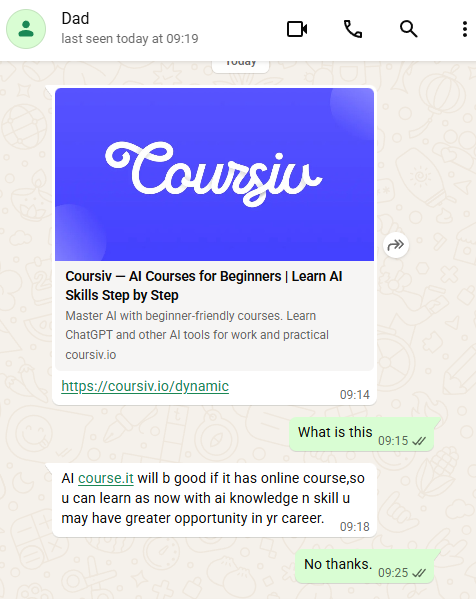 fatcatlim's tweet photo. Oh god my dad is shilling AI Courses to me, heeeeeeeelp https://t.co/aKtU6QA1HJ