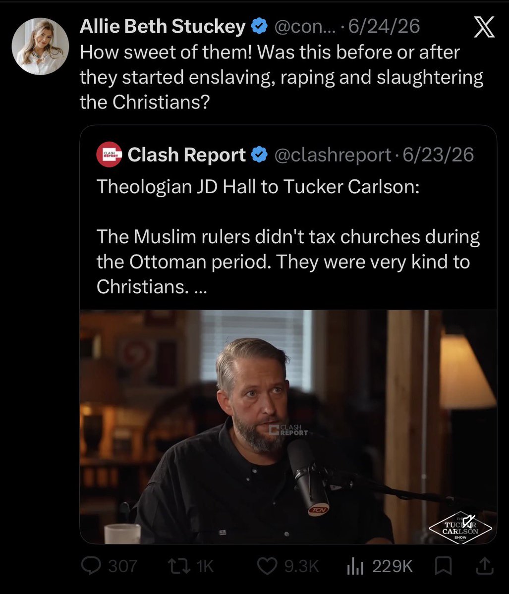 LostMyHats's tweet photo. I usually don’t care about the opinion of Political Beth Moore, because I don’t like hearing the Daily Wire twice.

But here’s a fun fact: Had the Jews spit on a Christian pilgrim in front of their assigned Janissary guard under Ottoman Rule- like what regularly happens today in Jerusalem - they’d have been beaten within an inch if their life, and if they survived, fined. By comparison, Israel doesn’t prosecute it because “it’s a cherished ancient Jewish custom.”

The Ottomans conquered a Palestine with 20% Christians, and 400 years later, there were 20% Christians. The Status Quo they established was adopted by Europe and preserved even after their reign ended. The Millet system protected them from Jewish violence, land confiscation, and property forfeiture. It exempted them from military service and exempted the elderly, disabled, widows, and children, and churches from taxation. It emphasized Holy Site preservation, established their legal protection, and on occasion, chipped in for repair. 

All facts.

Outside Palestine, and outside that era, they were brutes, and perhaps - in certain eras - just as violent as the IDF is today. None of that excuses or diminishes their atrocities. 

Meanwhile, after 77 years of Jewish rule, the Israelis have managed to accomplish what 400 years of Muslim rule could not - the utter collapse of indigenous Christianity in Palestine. 

In Gaza, the  IDF has murdered FAR more Christians than Hamas. In Lebanon, they’ve killed FAR  more than Hezbollah. They bombed churches the Ottomans protected. They taxed congregations to whom the Ottomans gave protected status.

When Israelis defend their genocide, they point at Hitler. When Israelis defend bombing churches, they point at Nagasaki. When Israelis defend Lehava and La Familia burning down Jewish churches, beating Christian clergy, and intimidating nuns, they point at Boko Haram in Nigeria. 

Thing is, my taxes don’t fund Boko Haram’s militia, Hitler is dead, and God will deal with the U.S. dropping a nuke down the chimney of the church headquarters in Asia. None of that can be stopped by an act of the U.S. Congress. 

Sadly, there are brainless twits auditioning for a guest spot on the Jeremy Boreing Israeli Infomercial Hour who don’t give a single heartless damn about persecuted Christians going extinct in the Holy Land. Whether or not Jesus’ followers “have a right to exist” will not be on the questions list. 

After reminding the church that believing Gentiles are the real children of Abraham, and that only Christians inherit God’s promises, Paul tells them to bear the burdens of their fellow Christians (Galatians 6:2). 

Not Jews. Not Muslims. Not Buddhists. CHRISTIANS. We shoulder THEIR burdens, and God will one day hold us accountable for funding the nation that has made Christians an endangered species in the Promised Land.

When Christian churches are burned down by Jewish settlers, they don’t complain.

When Israel refuses to investigate and prosecute, they speak not a word.

When churches are told - out of the blue - the properties they’ve held for millennia will be confiscated if they don’t cough up millions in “back taxes” they’ve gone 17 centuries without being charged, they don’t speak up. 

When the same churches are bombed 2,3,4 times for no discernible reason, they look the other way.

When nuns in a full habit are sniped in the head with a .308, they don’t care.

When Bethlehem is surrounded and squeezed on three sides to bankrupt and starve its Christian inhabitants, they don’t notice.

And when the Indigenous Christians who were there when the first Israeli prime ministers were still on Europe’s Most Wanted terrorist lists, tell us in official statements through their Patriarchs that they had it better under the Ottoman Millet System, then suddenly they get very interested in Christian persecution in other eras, times, and places to distract you from the reality of that cold, hard, immovable fact.
