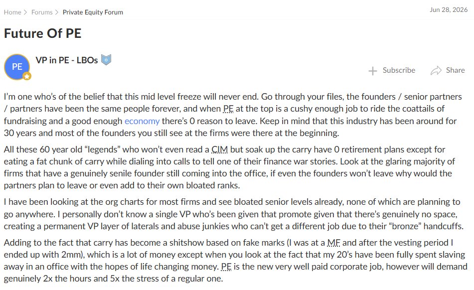 Restructuring__'s tweet photo. Incredible timely post on how Private Equity is really crowded at the top and how seniors will never leave
Made only $2mm of carry after many years in MF PE
"PE is the new very well paid corporate job, however will demand genuinely 2x the hours and 5x the stress of a regular one"