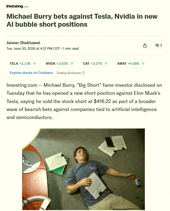 OptionMusicEnt_'s tweet photo. Breaking 🚨 Michael Burry is shorting Tesla $TSLA at $416.22 now https://t.co/9E3SBm2n4c
